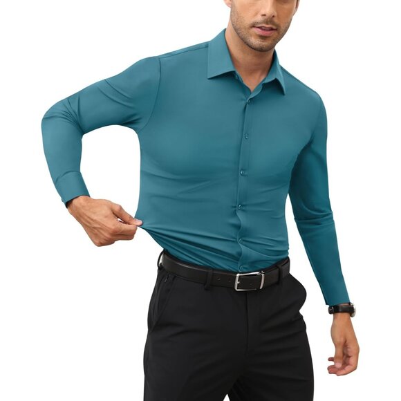 Men's Turquoise Long Sleeve Slim Muscle Fit Wrinkle Free Button Down Dress Shirt - Picture 7 of 9